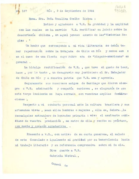 [Carta] 1944 sept. 9, Rio, [Brasil] [a la] Exma. Sra. Doña Rosalina Coelho Lisboa, [Brasil]  [manuscrito] Gabriela Mistral.
