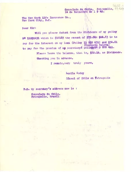 [Carta] 1942 sept. 14, Consulado do Chile, Petropolis, [Brasil] [a] The New York Life Insurance Co., New York City, N.Y., [EE.UU.]  [manuscrito] Lucila Godoy, Cónsul of Chile en Petrópolis.