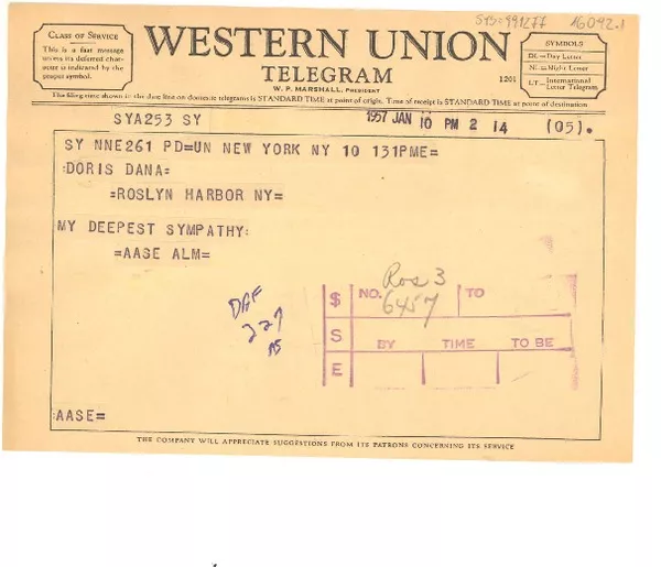 [Telegrama] 1957 jan. 10, New York, [Estados Unidos] [a] Doris Dana, New York, [Estados Unidos]  [manuscrito] Aase Alm.
