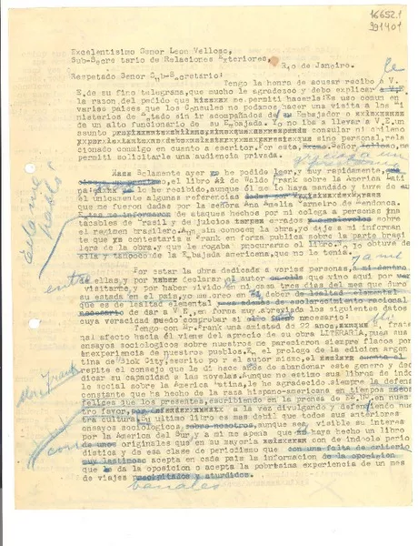 [Carta] [a] Excelentisimo Señor León Velloso, Sub-Secretario de Relaciones Exteriores, Río de Janeiro  [manuscrito] Gabriela Mistral.