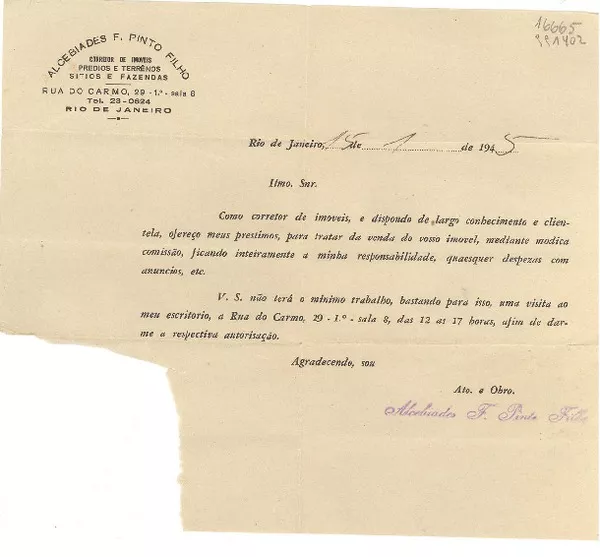 [Carta] 1945 ene. 15, Rio de Janeiro, [Brasil] [al] Ilmo. Snr.  [manuscrito]
