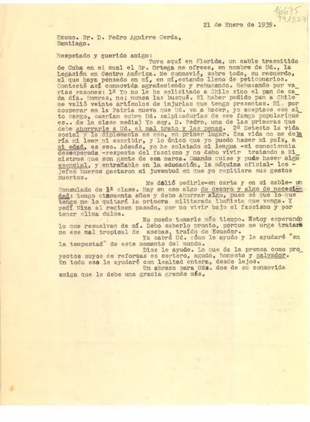 [Carta] 1939 ene. 21 [al] Excmo. Sr. D. Pedro Aguirre Cerda, Santiago, [Chile]  [manuscrito] [Gabriela Mistral].