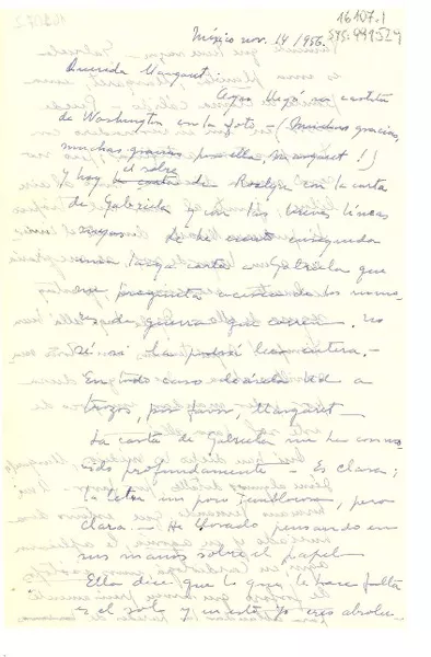 [Carta] 1956 nov. 14, México [a] Margaret Bates, cDoris Dana, New York, USA  [manuscrito] / Palma Guillén.