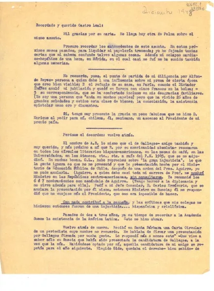 [Carta] 1948 dic. [a] Recordado y querido Castro Leal  [manuscrito] Gabriela Mistral.
