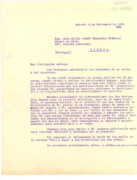 [Carta] 1935 nov. 8, Madrid [España] [a] Lucila Godoy (Gabriela Mistral)  [manuscrito]