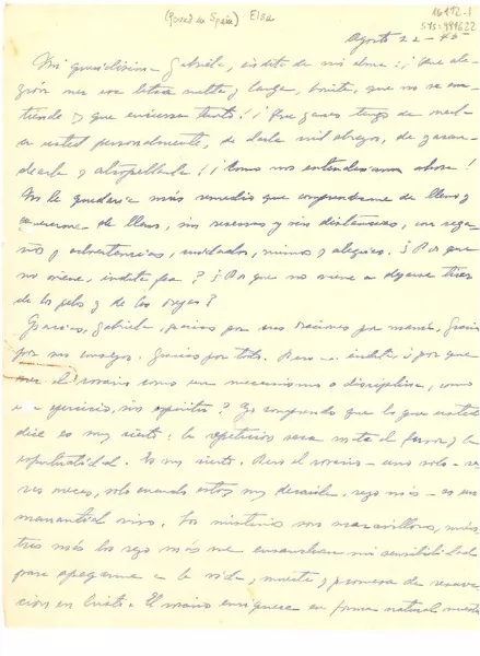 [Carta] 1945 ago. 22, [España] [a] Gabriela [Mistral]  [manuscrito] Elsa.