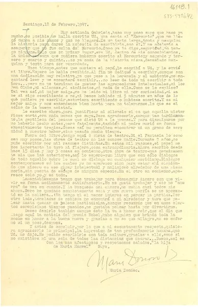 [Carta] 1947 feb. 18, Santiago, [Chile] [a] Gabriela [Mistral]  [manuscrito] María Donoso.