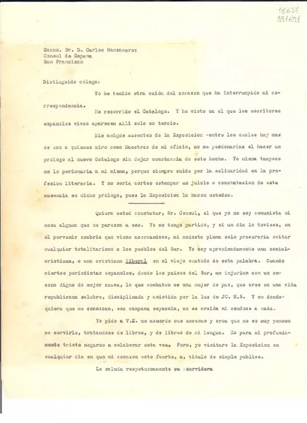 [Carta] [a] Excmo. Sr. D. Carlos Manzanares, Cónsul de España, San Francisco  [manuscrito] Gabriela Mistral.