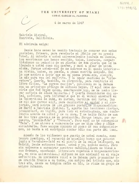 [Carta] 1947 mar. 4, [Florida, Estados Unidos] [a] Gabriela Mistral, Monrovia, California, [Estados Unidos]  [manuscrito] José A. Balseiro.