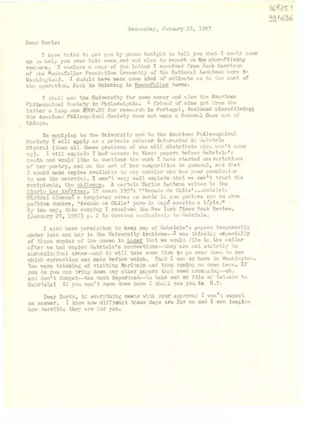[Carta] 1957 Jan. 23, [Estados Unidos] [a] Dear Doris  [manuscrito] Margaret Bates.