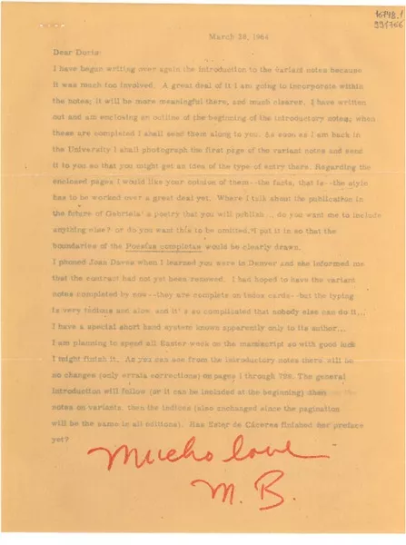 [Carta] 1964 Mar. 28, [Estados Unidos] [a] Dear Doris  [manuscrito] Margaret Bates.