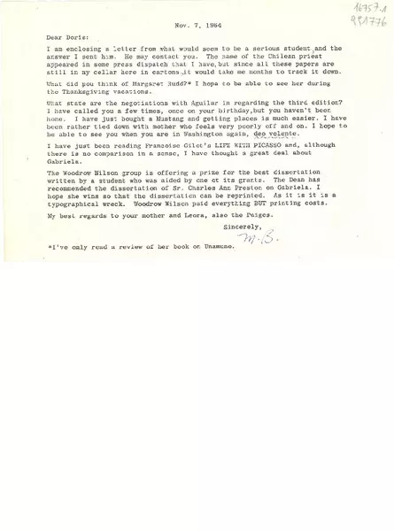 [Carta] 1964 Nov. 7, [EE.UU.] [a] Dear Doris [Dana]  [manuscrito] [Margaret Bates].