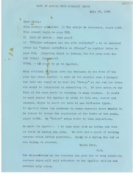 [Carta] 1964 July 24, [Estados Unidos] [a] Dear Doris  [manuscrito] Margaret Bates.