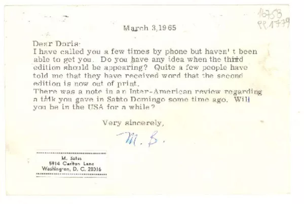 [Tarjeta] 1965 Mar. 3, 5914 Carlton Lane, Washington, D. C. 20016, [EE.UU.] [a] Miss Doris Dana, Box 285 284 - RFD 2, Hack Green Road, Pound Ridge, New York State, [EE.UU.]  [manuscrito] [Margaret Bates].