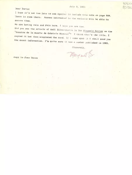 [Carta] 1965 July 9, [Estados Unidos] [a] Dear Doris  [manuscrito] Margaret Bates.