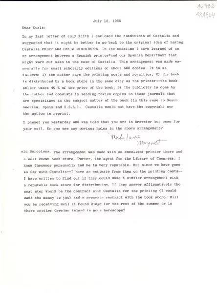 [Carta] 1968 July 15, [EE.UU.] [a] Dear Doris [Dana]  [manuscrito] Margaret [Bates].