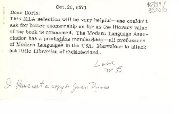 [Carta] 1971 Oct. 26, [Estados Unidos] [a] Dear Doris  [manuscrito] Margaret Bates.