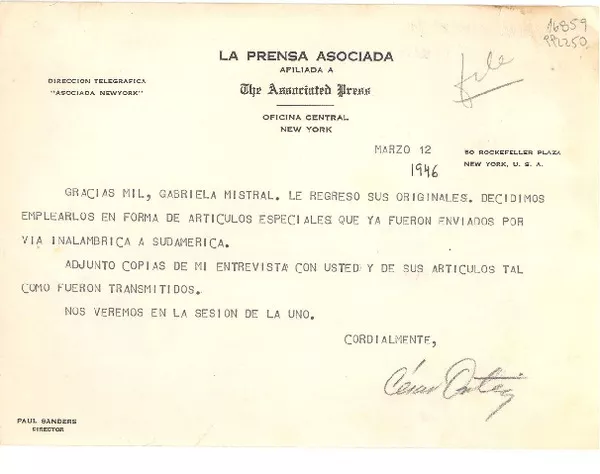 [Carta] 1946 mar. 12, New York, [EE.UU.] [a] Gabriela Mistral  [manuscrito] César Ortiz.