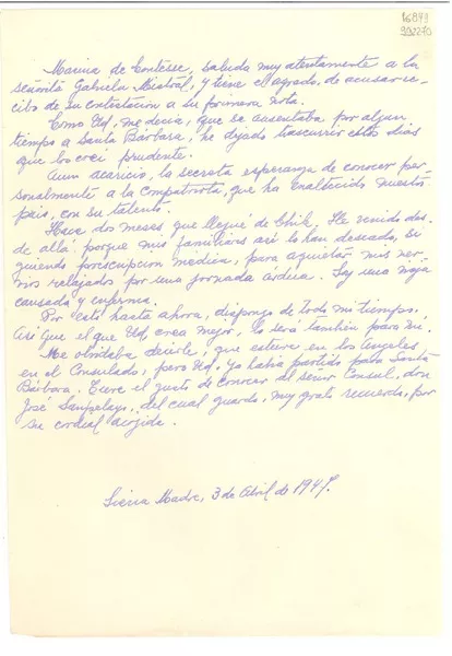 [Carta] 1947 abr. 3, Sierra Madre, [México] [a] Gabriela Mistral  [manuscrito] Marina de Contesse.