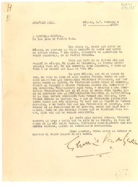 [Carta] 1933 feb. 6, México, D.F. [a] Gabriela Mistral, San Juan de Puerto Rico  [manuscrito] Germán Pardo García.