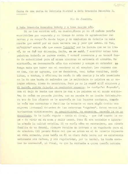 [Carta] 1943 oct., Rio de Janeiro, [Brasil] [a] Doña Graciela Menendez Behety y a tres amigas más  [manuscrito] Gabriela Mistral.