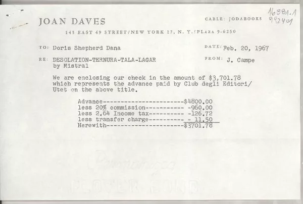 [Carta] 1967 Feb. 20, 145 East 49 Street, New York 17, N. Y., [EE.UU.] [a] Doris Shepherd Dana, [EE.UU.]  [manuscrito] [Joyce] Campe.
