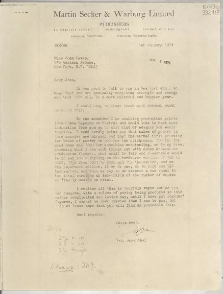 [Carta] 1971 Jan. 1, London, [Inglaterra] [a] Miss Joan Daves, 515 Madison Avenue, New York, N. Y.  [manuscrito] T. G. Rosenthal.