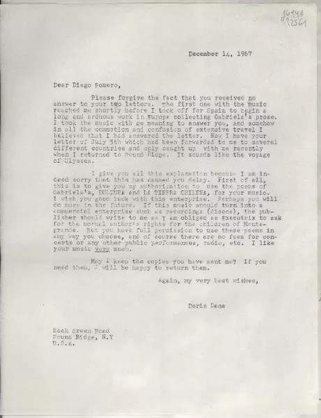 [Carta] 1967 Dec. 14, Hack Green Road, Pound Ridge, N. Y., U.S.A. [a] Diego Romero  [manuscrito] Doris Dana.