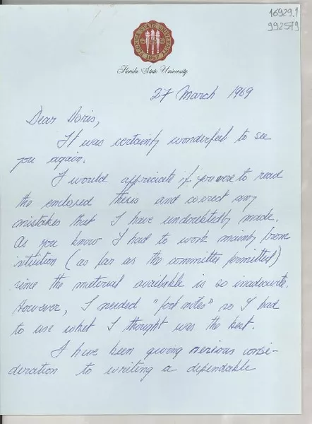 [Carta] 1969 Mar. 27, [Estados Unidos] [a] Dear Doris  [manuscrito]