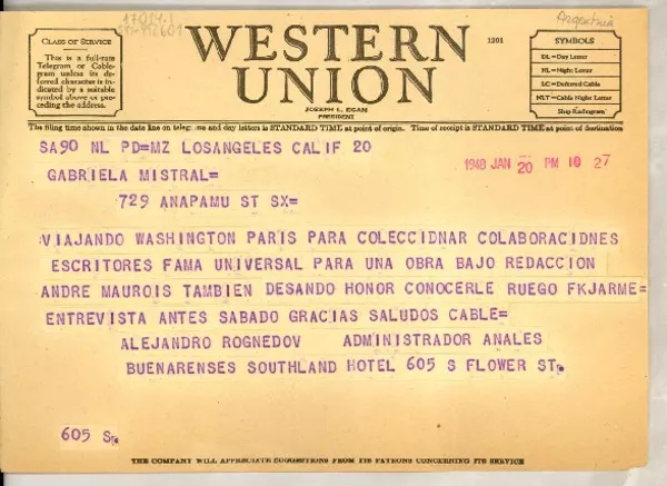 [Telegrama] 1948 jan. 20, Los Angeles, California, [Estados Unidos] [a] Gabriela Mistral, [California, Estados Unidos]  [manuscrito] Alejandro Rogdenov.