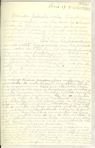 [Carta] 1946 mayo 17, París, [Francia] [a] Gabriela [Mistral]  [manuscrito] Rosita.