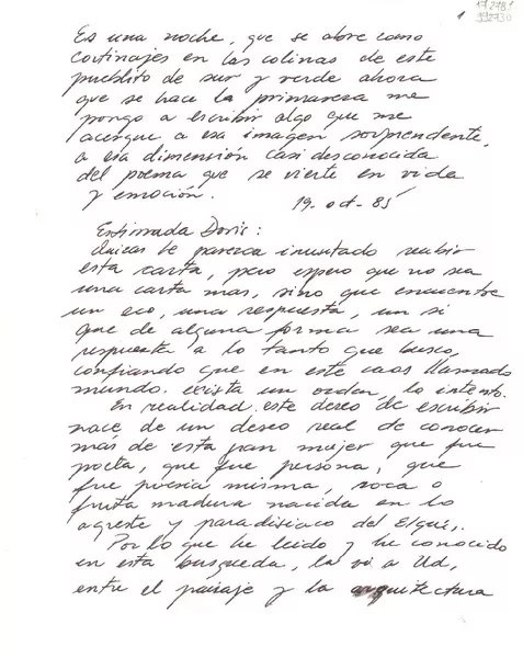 [Carta] 1985 oct. 19, Carahue, Chile [a] Doris Dana  [manuscrito] Patricia Zárraga.
