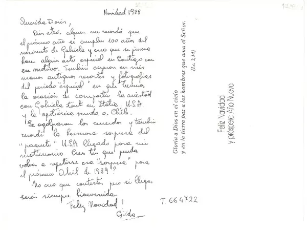 [Tarjeta] 1988 dic., [Chile] [a] Doris Dana  [manuscrito] Gilda Péndola.