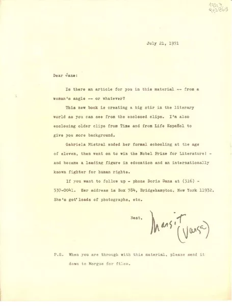 [Carta] 1971 July 21, [EE.UU.] [a] Dear Jane  [manuscrito] Margit Varga.