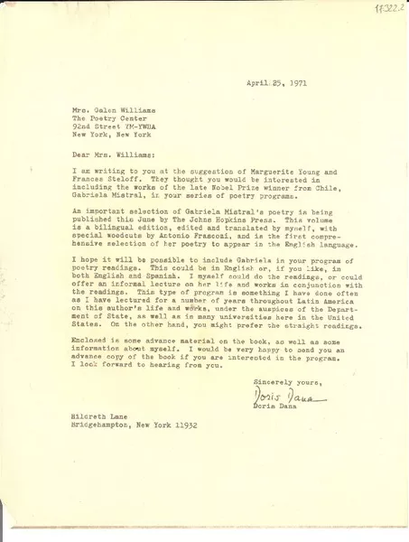 [Carta] 1971 Apr. 25, New York, [Estados Unidos] [a] Mrs. Galen Williams, The Poetry Center, New York  [manuscrito] Doris Dana.