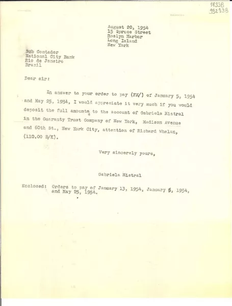 [Carta] 1954 Aug. 20, Roslyn Harbor, Long Island, New York, [Estados Unidos] [a] Sub Contador, National City Bank, Río de Janeiro, Brazil  [manuscrito] Gabriela Mistral.
