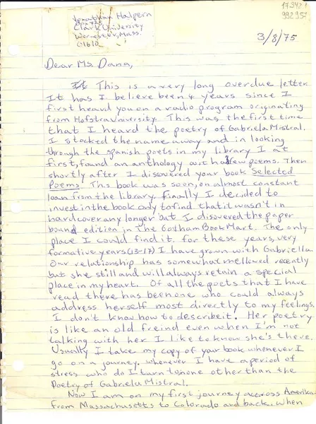 [Carta] 1975 Aug. 3, Worcester, Massachusetts, [Estados Unidos] [a] Dear Ms. Dana  [manuscrito] Jonathan Halpern.