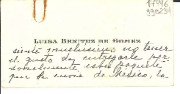 [Tarjeta] 1951 abr. 4, Turín, [Italia] [a] Gabriela Mistral  [manuscrito] Luisa Benítez de Gómez.