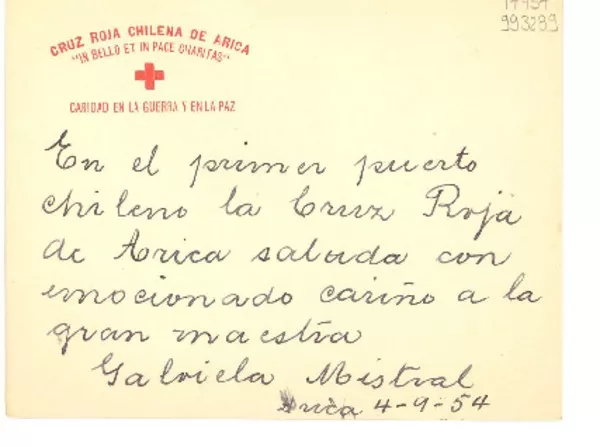 [Tarjeta] 1954 sept. 4, Arica, [Chile] [a] Gabriela Mistral  [manuscrito] Cruz Roja de Arica.