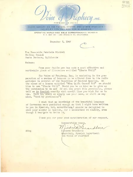 [Carta] 1947 Dec. 3, Los Angeles, California, [Estados Unidos] [a] The Honorable Gabriela Mistral, Chilean Consul, Santa Barbara, California  [manuscrito] Mildred Grandbois.