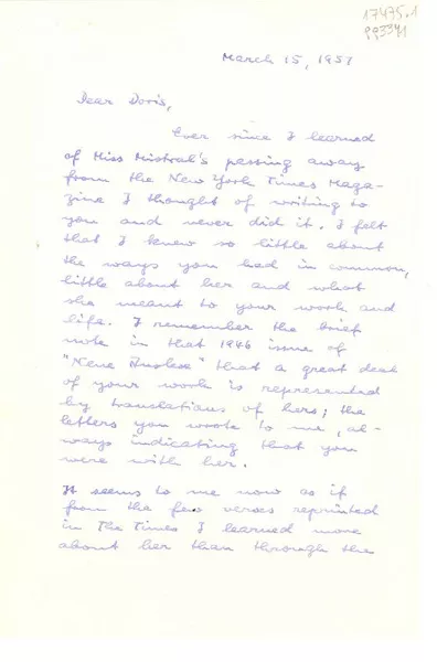 [Carta] 1957 Mar. 15, Columbia, Ohio, [EE.UU.] [a] Dear Doris  [manuscrito] Peter Rompler.