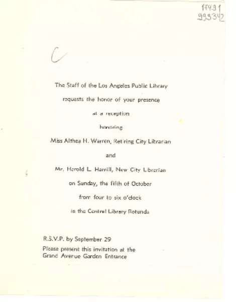 [Tarjeta] Sept. 29, [Los Angeles, Estados Unidos] [a] Gabriela Mistral  [manuscrito] Trabajadores de Los Angeles Public Library.