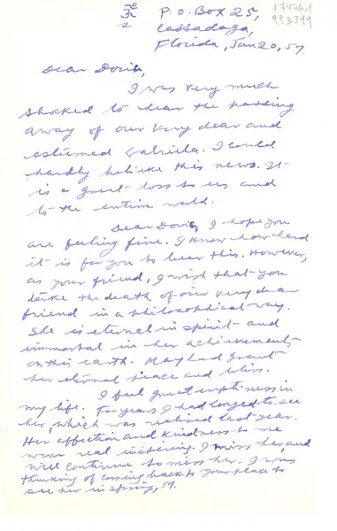 [Carta] 1957 Jan. 20, P. O. Box 25, Cassadaga, Florida, [EE.UU.] [a] Dear Doris  [manuscrito] De un amigo.
