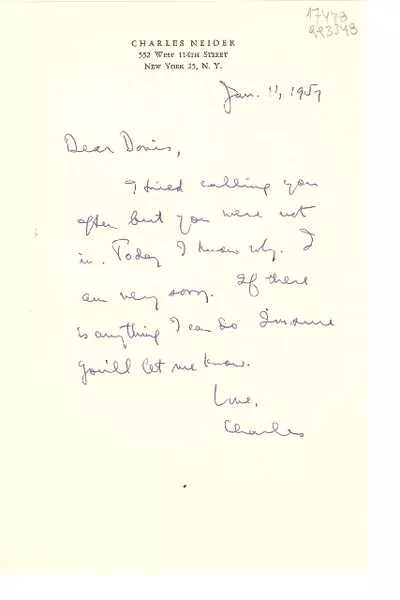 [Carta] 1957 Jan. 11, 552 West 114th Street, New York 25, N. Y., [EE.UU.] [a] Dear Doris  [manuscrito] Charles Neider.