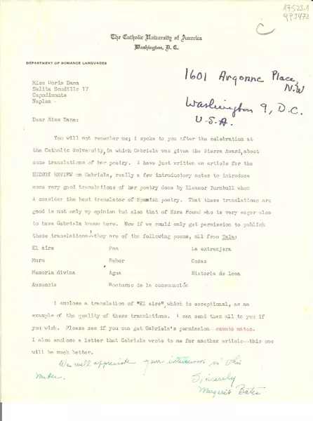 [Carta] The Catholic University of America, Department of Romance Languages, Washington D. C., [EE.UU.] [a] Miss Doris Dana, Salita Scudillo 17, Capodimonte, Naples, [Italia]  [manuscrito] Margarit Bates.
