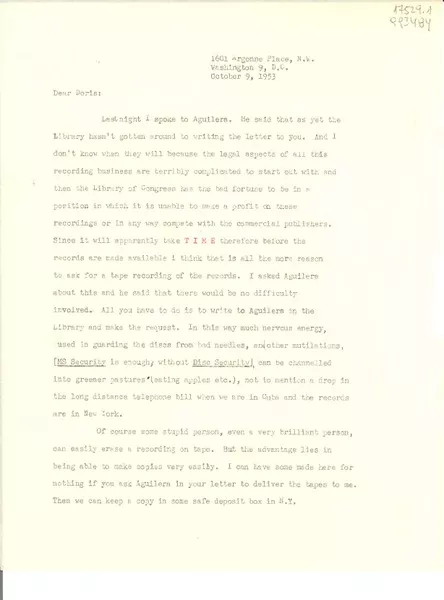 [Carta] 1953 Oct. 9, 1601 Argonne Place, N. W., Washington, 9, D. C., [EE.UU.] [a] Dear Doris  [manuscrito] [Margaret Bates].