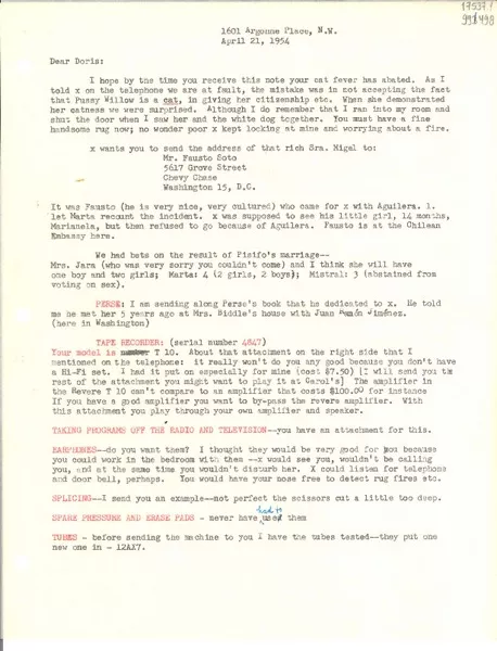 [Carta] 1954 Apr. 21 [a] Doris Dana  [manuscrito] Margaret Bates.