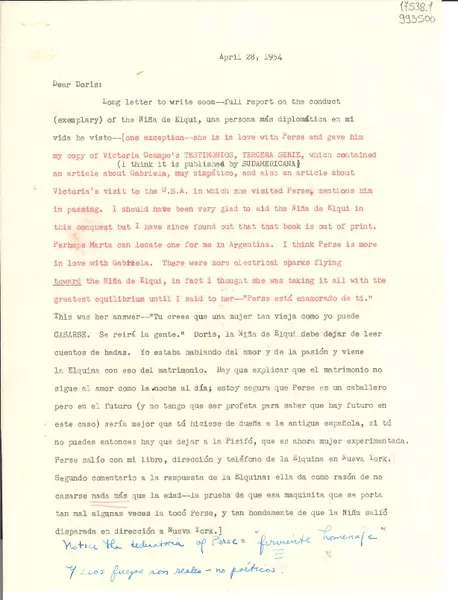 [Carta] 1954 Apr. 28 [a] Doris Dana  [manuscrito] Margaret Bates.