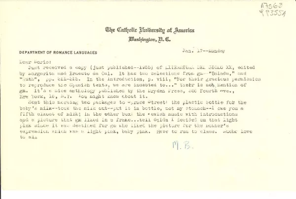 [Carta] [1956] Jan. 17, The Catholic University of America, Washington, D.C., [EE.UU.] [a] Dear Doris  [manuscrito] [Margaret Bates].