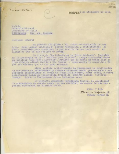 [Carta] 1944 dic. 4, Santiago [a] Gabriela Mistral, Consulado de Chile, Petrópolis, Río de Janeiro  [manuscrito] Susana Hofman G.